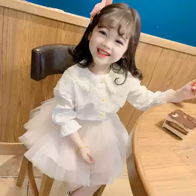 Children's clothing spring new small and medium-sized children foreign pie Princess lace shirt skirt baby Autumn dress big lapel shirt tide tide