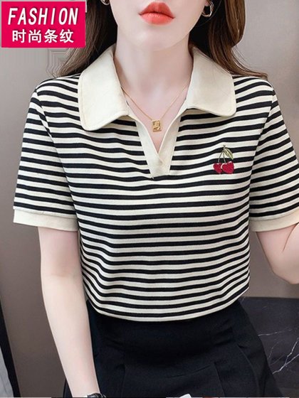 中年妈妈条纹polo领短袖t恤女2025夏季新款大码显瘦女士小衫上衣