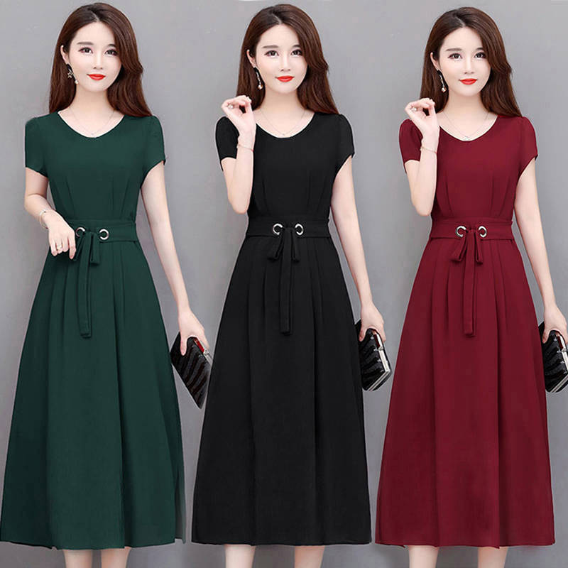 New Style Large Size Dress for Middle-Aged and Elderly Mothers, Mid-Length Summer Dress with Noble Temperament, Short-Sleeved Slimming A-Line Skirt