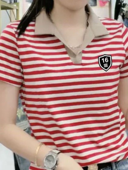 中年妈妈条纹polo领短袖t恤女2025夏季新款大码显瘦女士小衫上衣