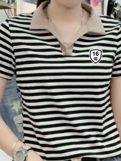 中年妈妈条纹polo领短袖t恤女2025夏季新款大码显瘦女士小衫上衣