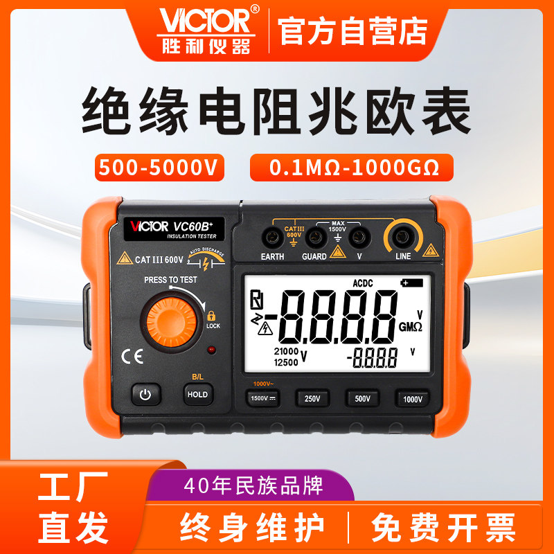 胜利绝缘电阻测试仪VC60B+高压绝缘电子摇表500V1000V数字兆欧表