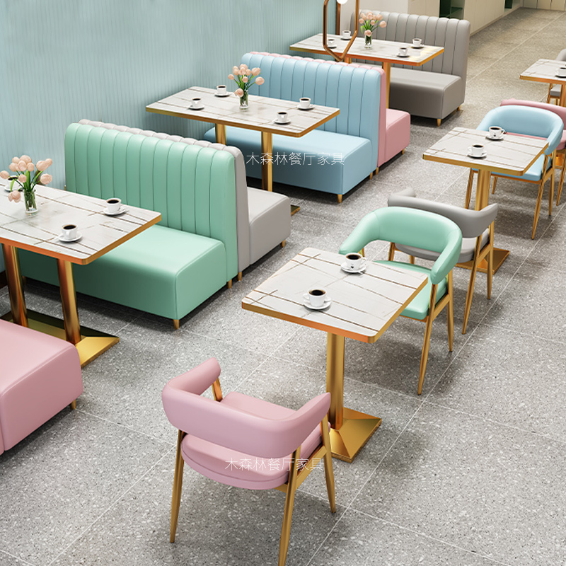 Milk tea shop table and chair combination dessert baking burger snack cold drink cafe dining room wall card seat sofa customization