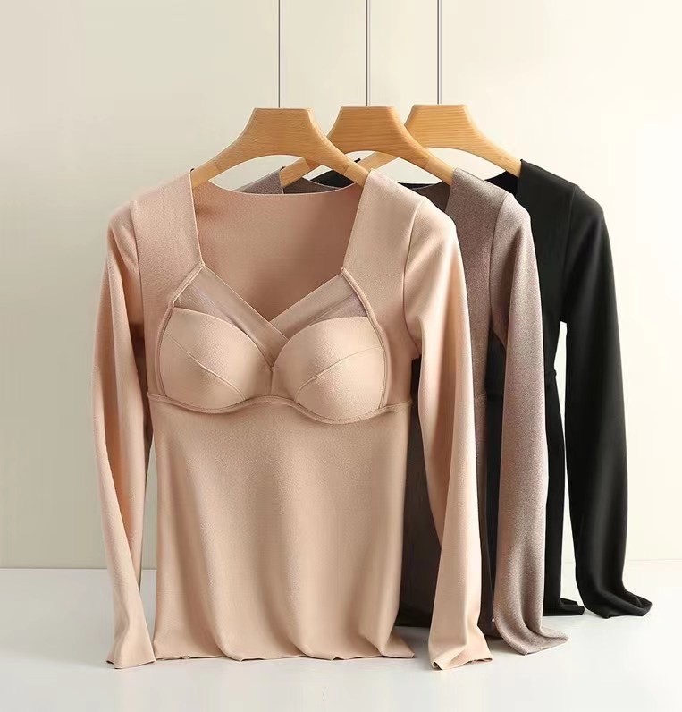 Spring Autumn Winter French German Velvet Heater Brushed Long Sleeve Top Low Neck Seamless Cup Bra Bottom Shirt Autumn Clothes