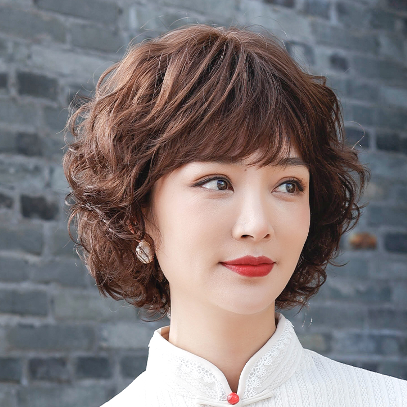 Wig short hair female wig real hair full live hair short curly hair bald head wig Lady middle-aged mother wig set