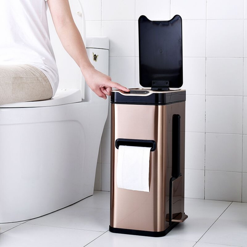 Intelligent Sensor Bathroom Trash Can with Built-In Toilet Brush, Integrated Stainless Steel Automatic Electric Trash Can