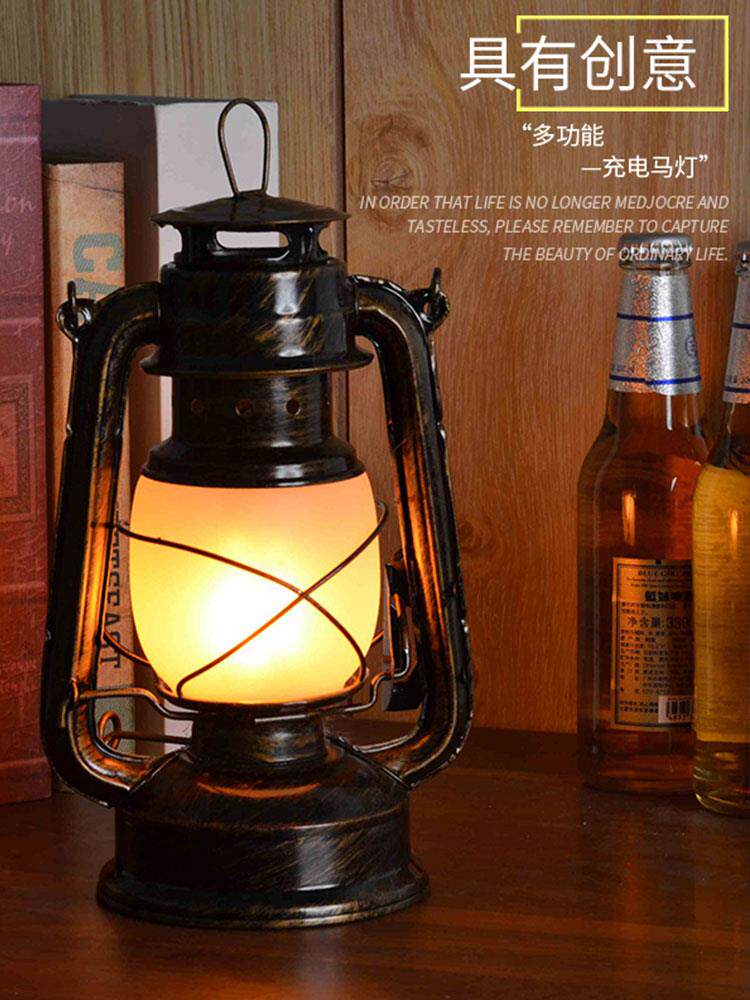LED rechargeable bar table lamp Creative retro clear bar cafe decorative table lamp Wrought iron outdoor kerosene lamp Kerosene lamp