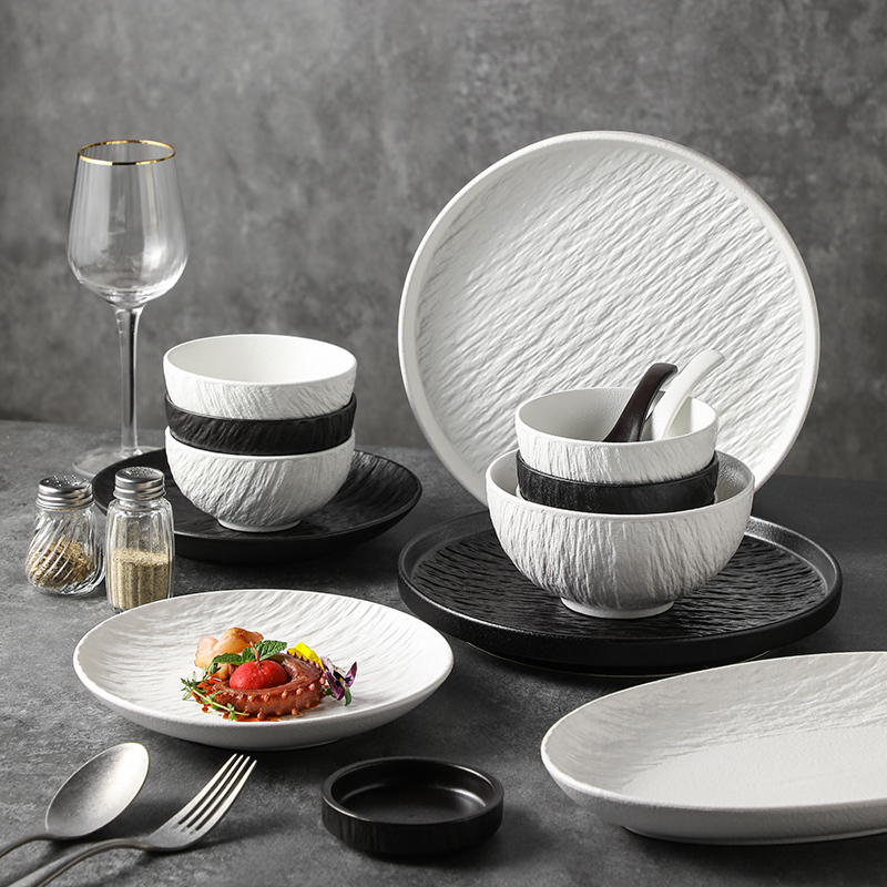 Rock-Patterned Bowl and Plate Set for Housewarming, New Home Tableware, European and American High-End Household Japanese-Style Tableware Bowl and Plate Set