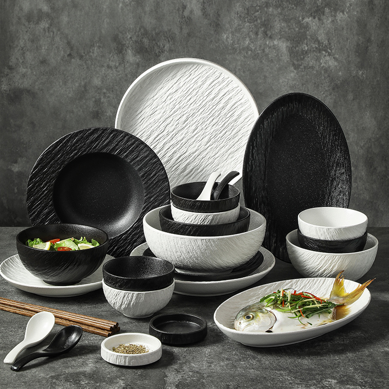 Dish Set for Home Use, Simple Bowls and Plates, Light Luxury Plates and Bowls, Japanese-Style Bowls and Chopsticks, Ceramic High-End Black and White Tableware Set