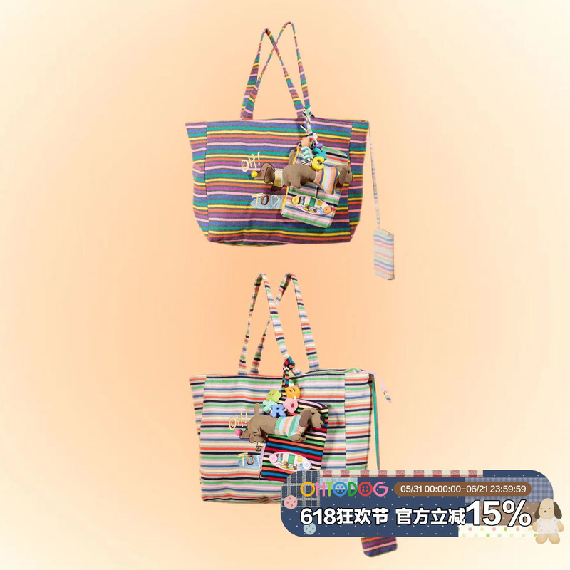 Ohtodog Fall in Love with Rainbow Mother-Daughter Doll Colorful Striped Tote Bag Commuting Large Capacity Shoulder Handbag Ohtodog Fall in Love with Rainbow Mother-Daughter Doll Colorful Striped Tote Bag Commuting Large Capacity Shoulder Handbag