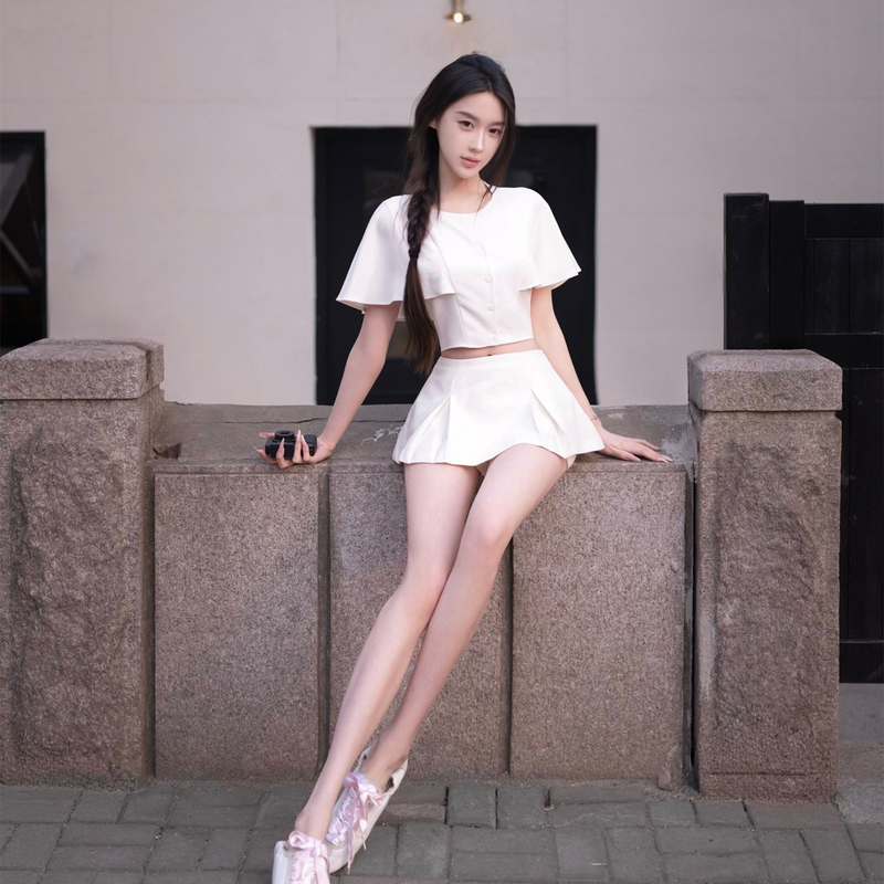 Yuanzi【Plain White Laurel】Woven Capelet with Buttoned Short Design Top and Skirt Set