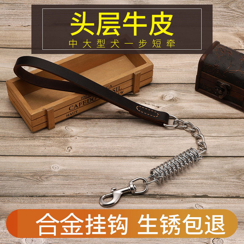 Cow leather one step with spring for walking dog rope anti-explosion punching short traction with medium dog large dog gold wool dog necklace