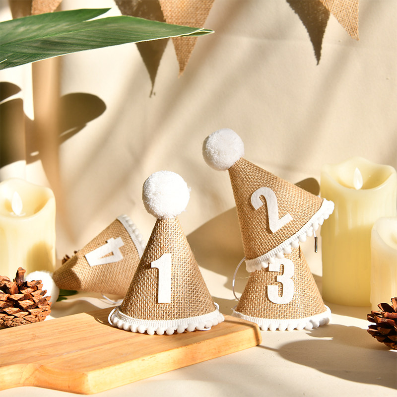 ins linen wooden birthday hat A 1-year-old baby birthday headdress decoration dress party supplies Photo props