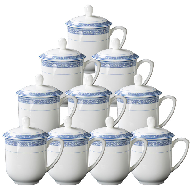 Jingdezhen Ceramic Tea Cup Green Flower Porcelain Office Tea Tea With Lid Bone Porcelain Conference Room Home Water Glass 10 Suits-Taobao