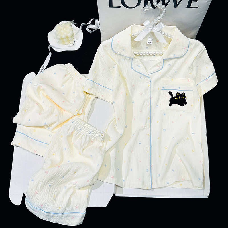 かわいい女の子用パジャマ 2026年新作 夏スタイル 雲柄コットンカーディガン 半袖 3点セット 子供と女の子のホームウェア