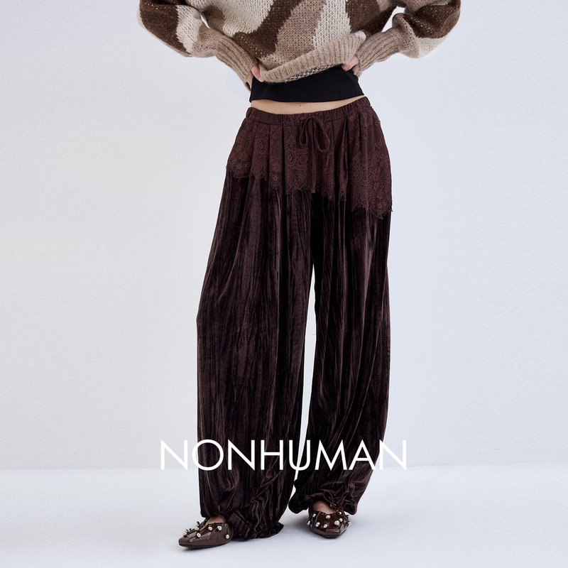 Nonhuman Ant House Lace Patchwork Velvet Waistband Drawstring Elastic Waist Casual Long Pants Wide-Leg Pants Nonhuman Ant House Lace Patchwork Velvet Waistband Drawstring Elastic Waist Casual Long Pants Wide-Leg Pants