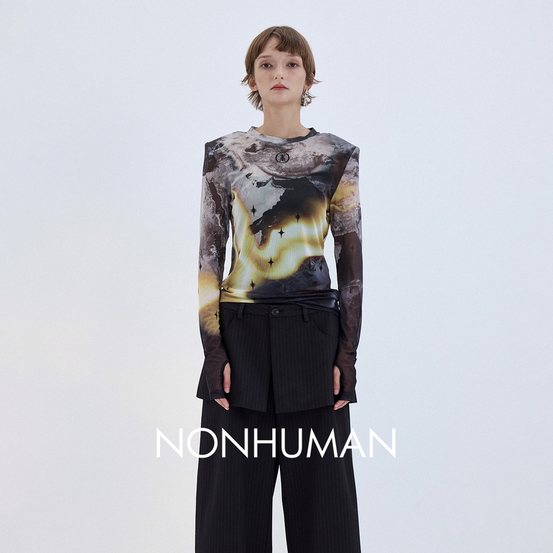 Nonhuman Ant House Wasteland Style Gradient Starry Sky Digital Print Mesh Thin See-Through Niche Top