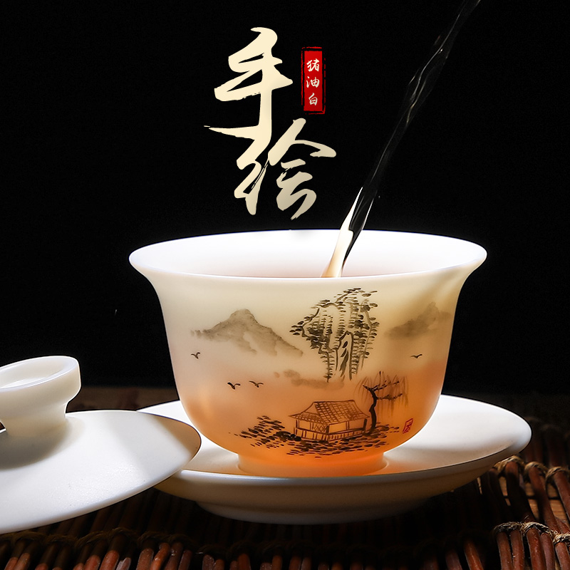 Hand painted mountain cover cup high-end lamb white jade burned pork oil white porcelain cover bowl three to make tea ceramic