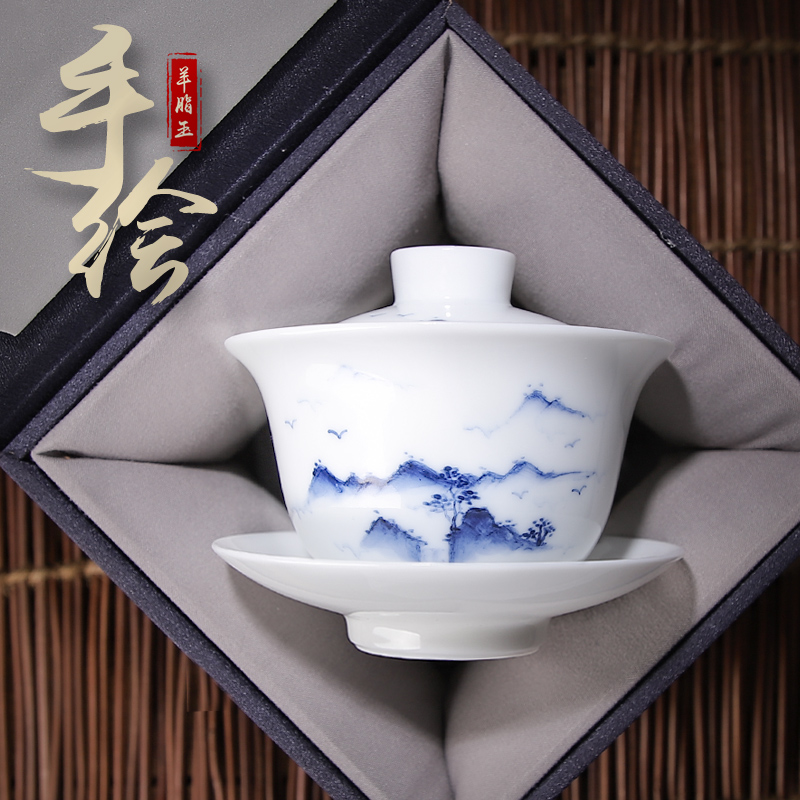 Kung Fu tea three talents cover bowl tea cup single high-end hand-painted landscape blue and white porcelain tea set hovering Dehua white porcelain gift box