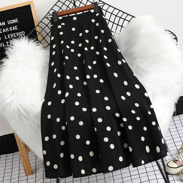 Chiffon retro polka dot A-line skirt women 2022 summer new high waist polka dot swing skirt mid-length umbrella skirt