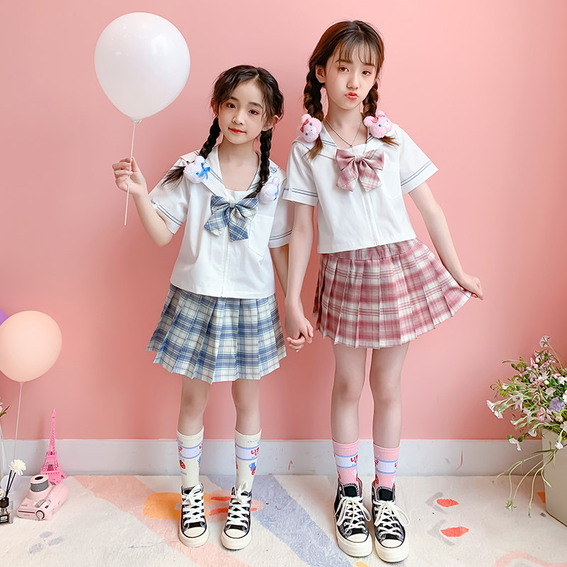 Kindergarten jk uniform girls sailor suit short-sleeved cute Japanese navy style suit skirt Children's school uniform two-piece suit