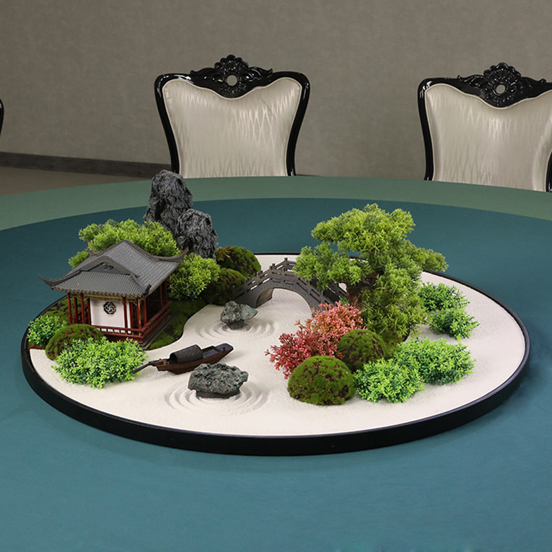 New Chinese hotel dining table decoration round table creative landscaping dry landscape sand table flower turntable middle landscape decoration
