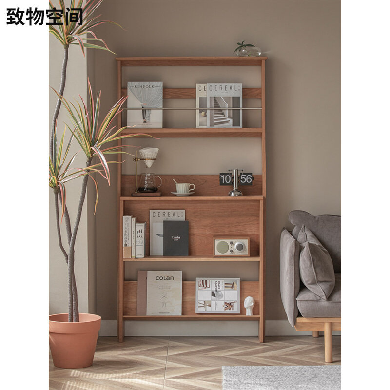 Japanese-style light luxury display frame creative wood bookshelf landing against wall display shelf stainless steel tea meal cabinet