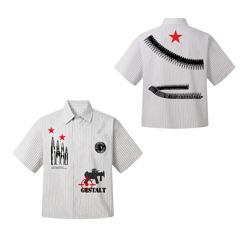 Iron Thorn Original "Bullet” Retro Street Stripesd Military Style Short Cardigan Printed Short-Sleeved Shirt