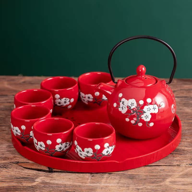 Wedding Tea Set A Set Of Escort Chinese Style National Wind Plum Blossom Ceramic Tea Set Group Wedding Creative Toast Teacup Pot Dowry