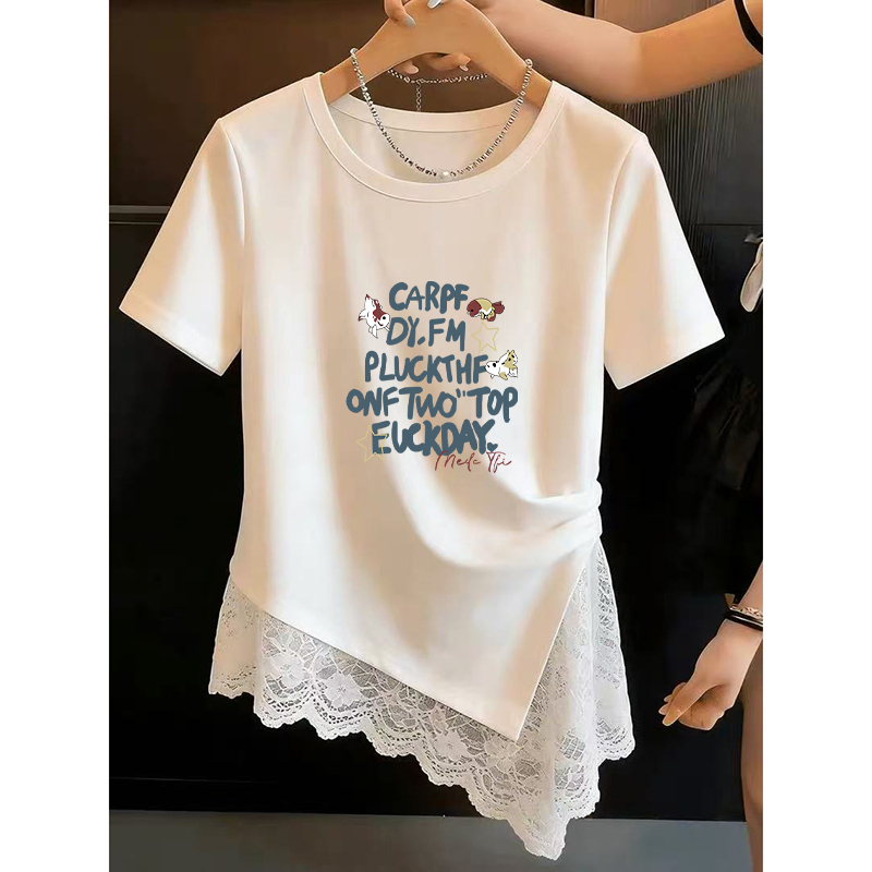 White Short-Sleeved T-Shirt for Women with Irregular Lace Hem, Loose Fit, Slimming, Versatile, Stylish and Age-Reducing Top White Short-Sleeved T-Shirt for Women with Irregular Lace Hem, Loose Fit, Slimming, Versatile, Stylish and Age-Reducing Top