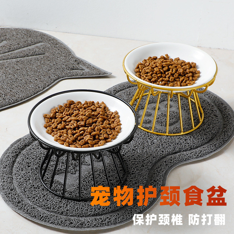 Cat ceramic bowl cat bowl ceramic cat water bowl double bowl cute protective cervical spine anti-overturning high foot oblique mouth cat food plate