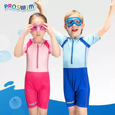 Proswim children's swimsuit Women's solid color girl swimsuit boy sunscreen quick-drying one-piece 5-sleeved swimsuit swimming trunks