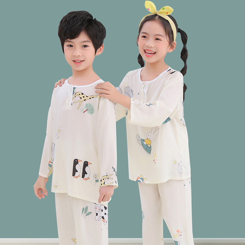 Children's cotton silk pajamas long-sleeved suit men and women summer thin section medium and large children's cool cotton silk children's home air conditioning clothing