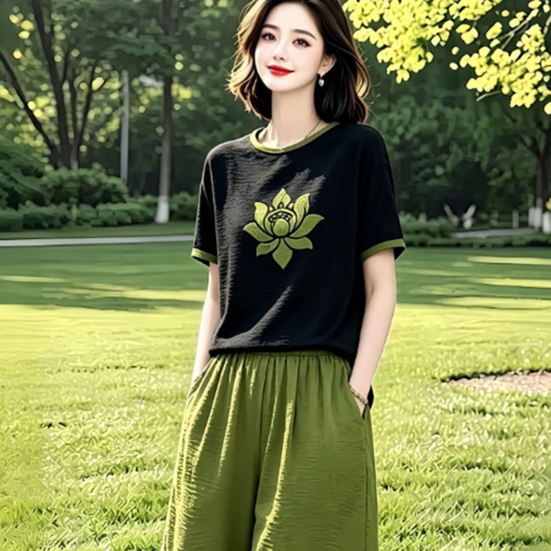Original Women's Clothing Brand official store Fashion Positioning Printed Color-Block Top with Elastic Waist Shorts Set for Summer
