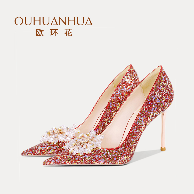 Flower Wedding Shoes for Women, Chinese-Style Xiuhe Wedding Dress, Two-Wear Bridal Shoes, High-End Red Crystal High Heels That Are Not Tiring for the Feet