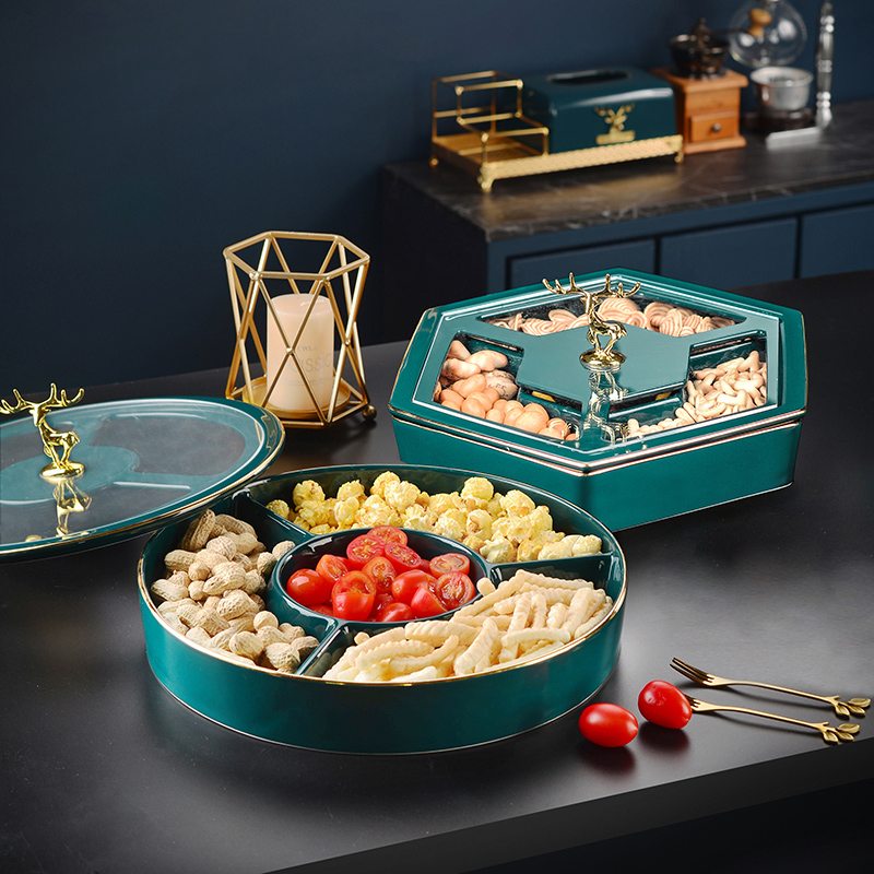 Nordic creative ceramic fruit plate home living room fruit candy box compartment with cover dried fruit melon seeds snack storage box