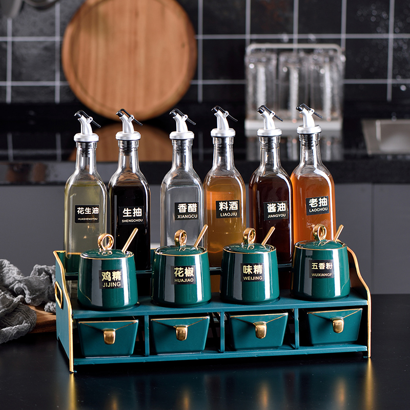 Nordic light luxury seasoning box combination set seasoning bottle oil salt sauce vinegar seasoning product full set of kitchen utensils rack