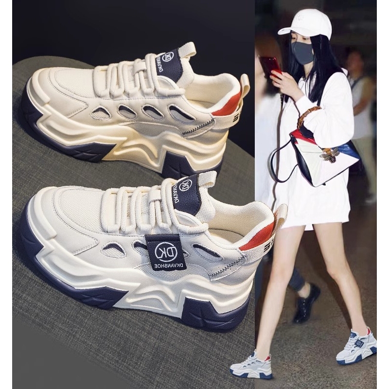 Hong Kong Style Thick-Soled Lightweight Sports Dad Shoes for Women 2026 New Genuine Leather Versatile Popular Style with Hidden Height Increase