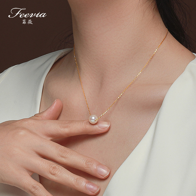 925 sterling silver natural freshwater pearls are round and flawless collarbone link Lutong pendant 18K gold necklace female friend