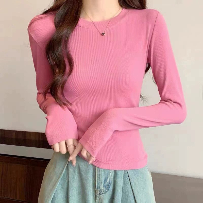 European-Style Round-Neck Base Shirt for Women, Autumn and Winter, Ribbed Long-Sleeve T-Shirt, Stylish Solid Color Top