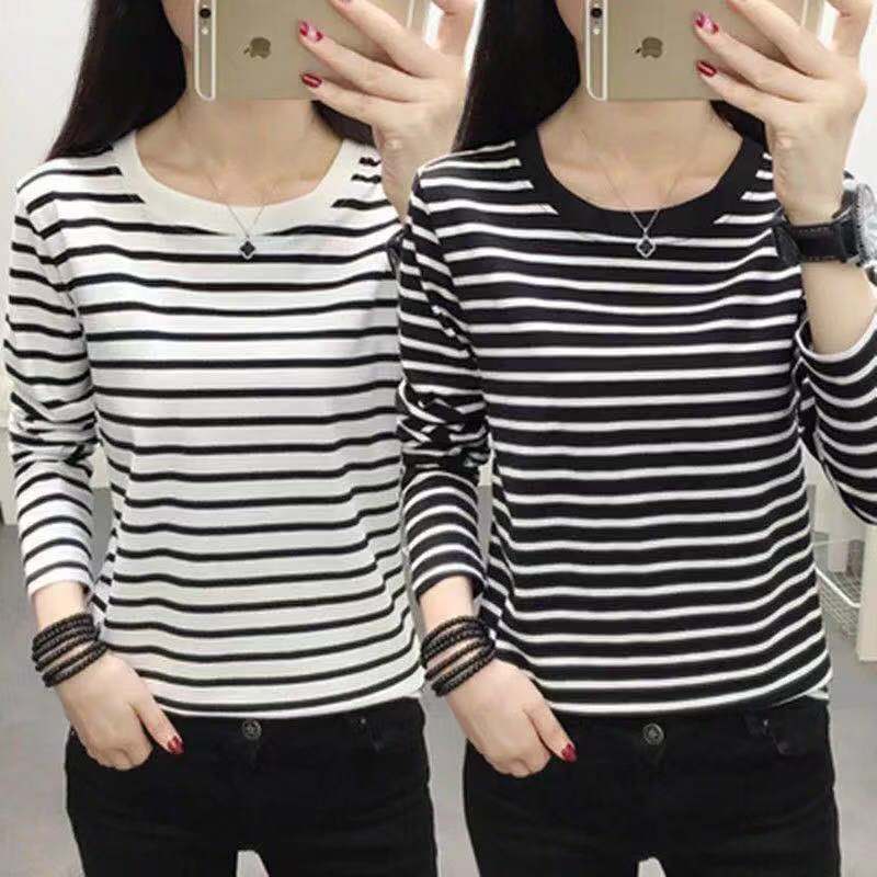 Long-Sleeved T-Shirt for Women 2024 Spring New Korean Style Loose Striped Round Neck Top Versatile Loose T-Shirt Base Layer