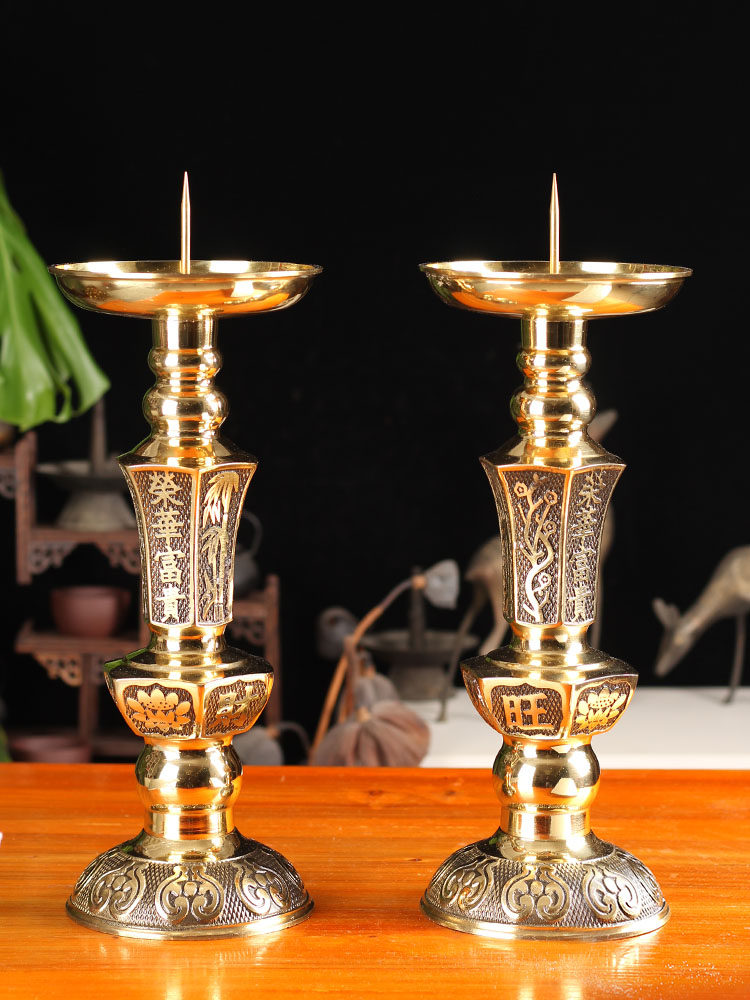 Pure copper carved candlestick Wangcai Candlestick Lucky Chinese candlestick Buddhist temple supplies Wedding candlestick