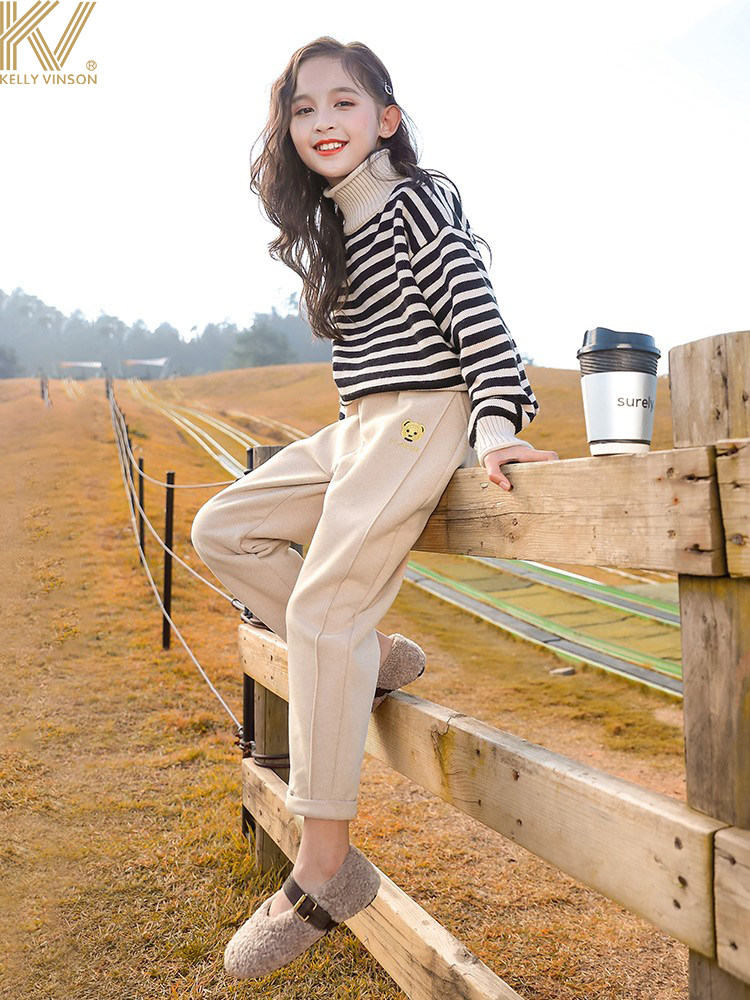 Girl Fried Street Pants Plus Suede 2021 New CUHK Youngster Pants Thickened Foreign Pie Wear Children Sports Pants Tide