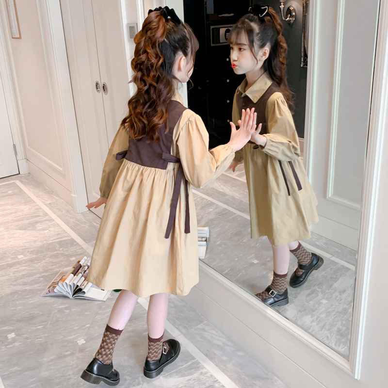 Korean girls retro lapel dress 2021 new western style skirt spring and autumn middle-aged children's autumn princess skirt