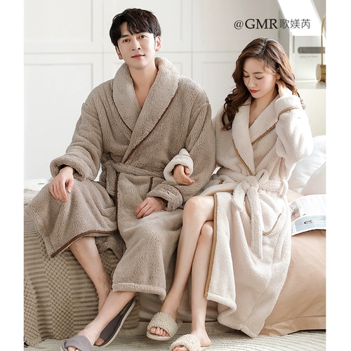 Коралловый бархатный демисезонный длинный банный халат подходит для мужчин и женщин, утепленная пижама для влюбленных, длина макси, большой размер