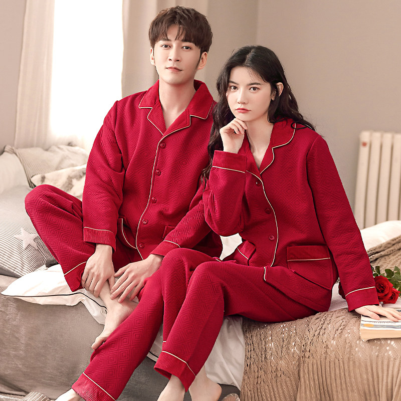Pajamas women's autumn and winter couples married newlywed cotton bright red interlayer thickened youth men's home service suit