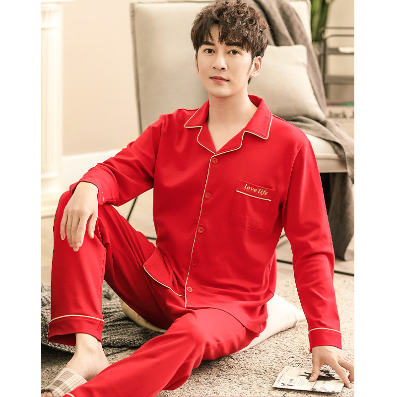 Red Pyjamas Men's Life Pure Cotton Long Sleeves Long Pants Spring Autumn Suit New Big Red Plus Mast Size Men's Style Home Clothes