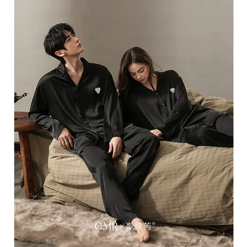 Осенняя пижама для влюбленных, мужской шелковый лонгслив, черный комплект, изысканный стиль, большой размер