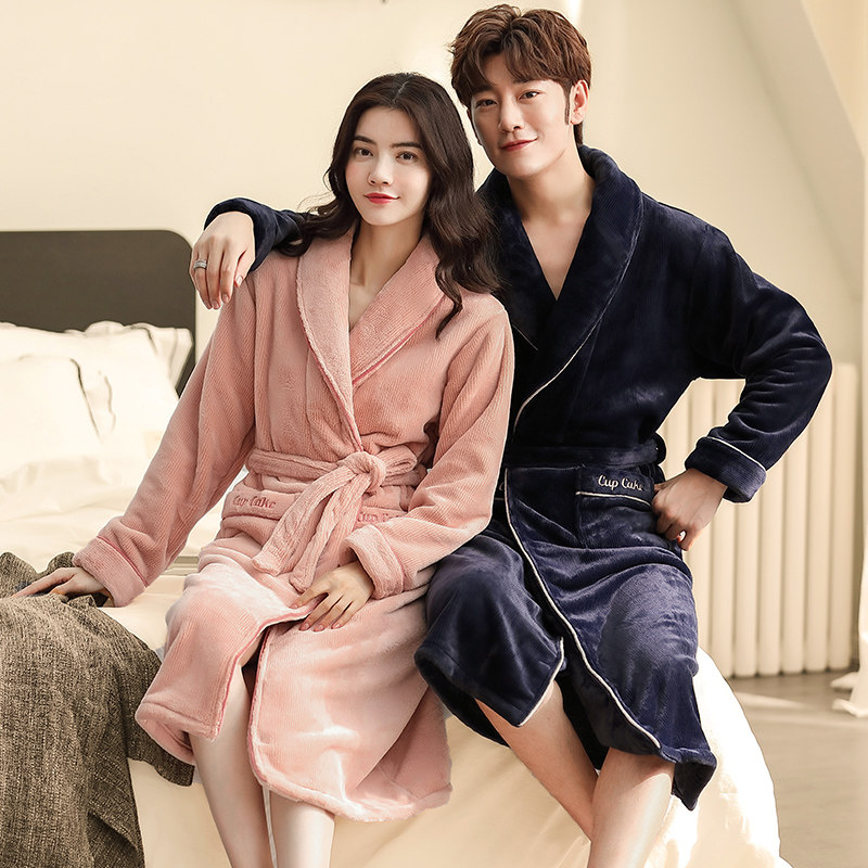 Couple's pajamas fall and winter mid-length coral fleece nightgown men's flannel plus velvet thickened warm Japanese-style home clothes for women