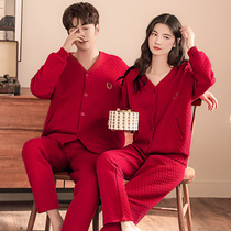 Mezzanine Pyjamas Lovers Autumn Winter Thickening Pure Cotton Wedding Long Sleeve Suit Gats Up Overweight Code Red Wedding Home Conserved